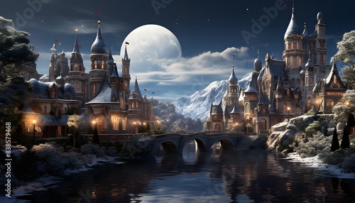 Fantasy landscape with castle, bridge and moon. Digital painting.