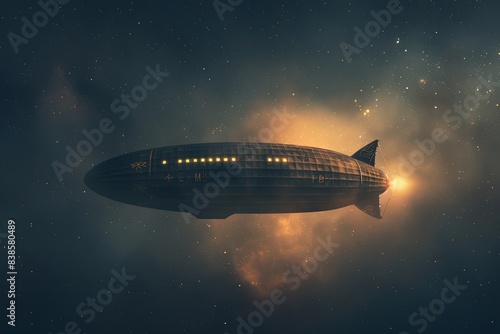 A black and white zeppelin with glowing lights flies through a dark night sky