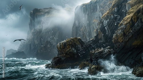A rugged rocky island with high cliffs, surrounded by stormy sea waves and large birds perched on the rocks in a remote location in Alaska. 
