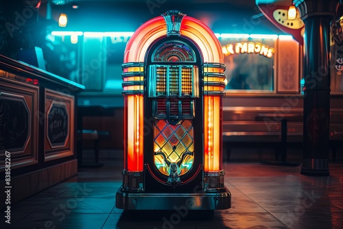 A classic jukebox with colorful lights in a dimly lit bar