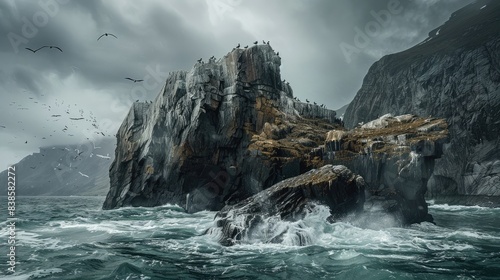 A rugged rocky island with high cliffs, surrounded by stormy sea waves and large birds perched on the rocks in a remote location in Alaska.