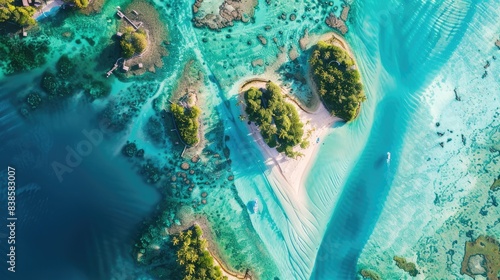 Aerial view of Bora Bora island in French Polynesia. An aerial panorama with a turquoise lagoon and white sandy beaches in the