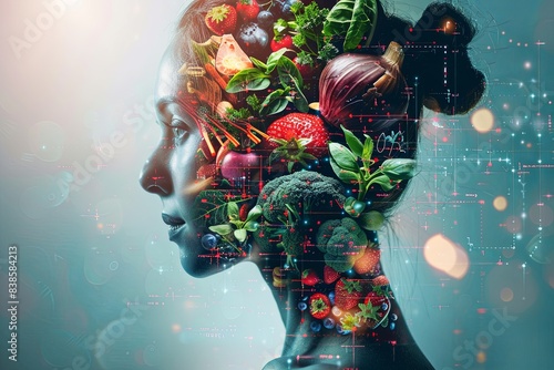 Womans Head Silhouetted With Fresh Produce and Digital Overlay