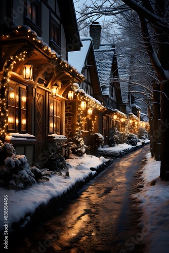 Snowy street in old town of Tallinn at night, Estonia