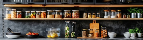 Kitchen cabinet shelves with neatly arranged containers with groceries and dishes