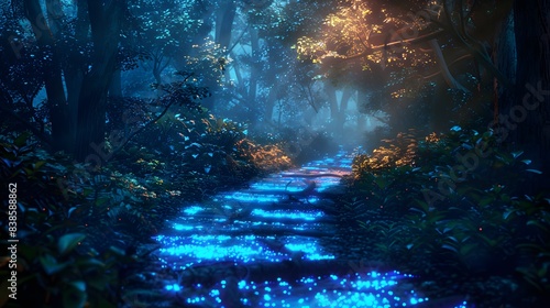 Bioluminescent forest pathway, lighting up with natural glow from flora and fauna during a mystical night