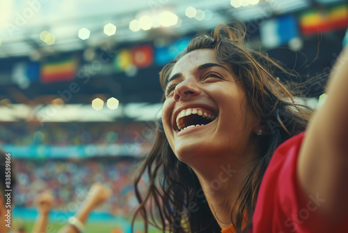 A jubilant football fan woman captured in the midst of cheering at the stadium, her face adorned with a bright smile and her eyes sparkling with excitement and passion for the game