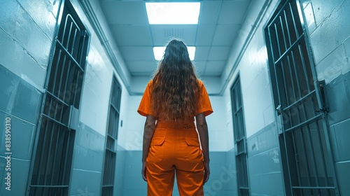 The photo captures the back of an inmate in an orange jumpsuit standing in a prison corridor, with a fluorescent light above