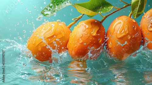 Close-up photo of water splashing on fresh ripe juicy oranges.