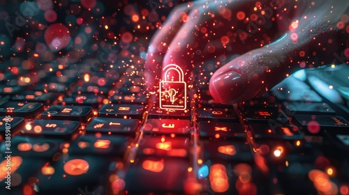 Glowing red padlock over keyboard. Concept of data protection, privacy and security in internet.
