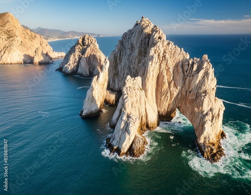 An aerial image of Lands End and the Arch at Cabo San Lucas, Baja California Sur, Mexico, at the point where the Pacific Ocean and the Gulf of California converge