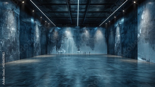 A large empty space with atmospheric blue lighting enhancing the textured concrete walls for a cold industrial look