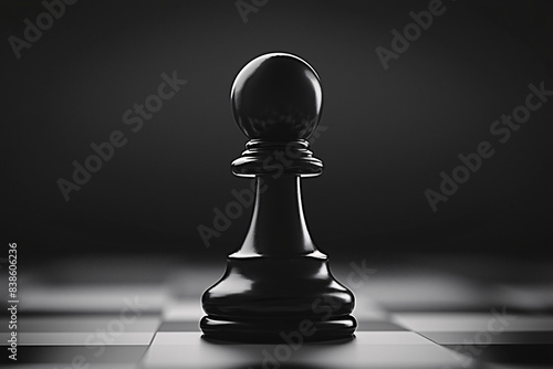 black pawn on chessboard with black background strong lighting casts dramatic shadow highlighting detail and texture of piece