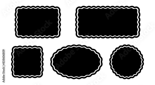 Set of rectangle, square, oval and circle shapes with wavy edges. Geometric firms with scalloped borders. Empty text boxes, tags or labels isolated on white background. Vector graphic illustration.