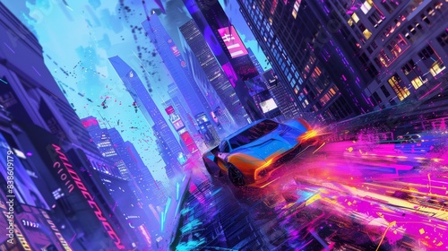Rocket League Cars flying through city, between skyscraper, digital world into modern world, hard cut between gaming world and modern clean world, impressionism collage, digital art combined with phot