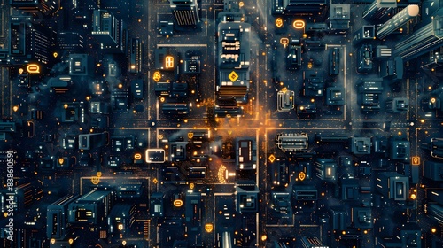 Satellite view of a sprawling digital metropolis, buzzing with electronic life and interconnected data streams
