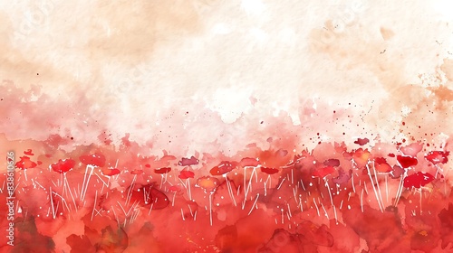 Blooming red rose flower landscape watercolor painting illustration. Nature scenery background concept.