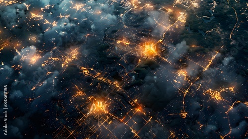 Satellite view of a sprawling digital metropolis, buzzing with electronic life and interconnected data streams