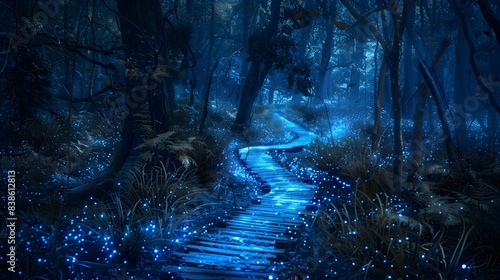 Bioluminescent forest pathway, lighting up with natural glow from flora and fauna during a mystical night