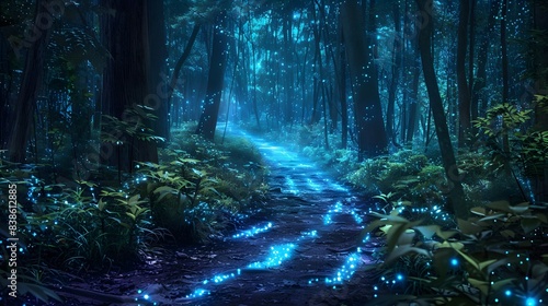 Bioluminescent forest pathway, lighting up with natural glow from flora and fauna during a mystical night