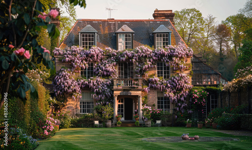 London estate garden view of a georgian villa from 18th century, lilac-coloured wisteria draped across its facade, in style of english architecture