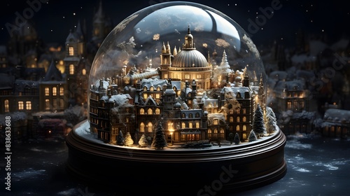 Snow globe with cityscape at night. 3d render illustration.