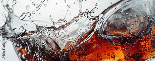 Close-up of a fizzy drink with bubbles and splashes, capturing the refreshing essence of a carbonated beverage in motion.