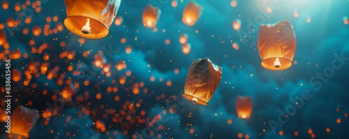 Floating lanterns illuminate the night sky in a beautiful festival celebration, creating a magical and serene atmosphere.