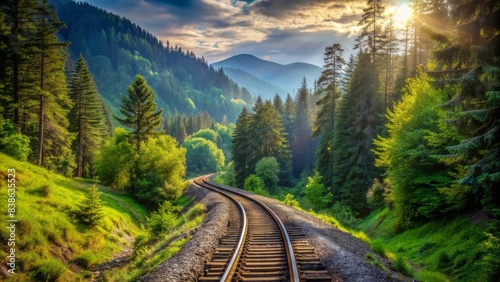 Winding railroad track disappearing into the horizon, surrounded by lush greenery and towering trees, in a serene mountain forest valley landscape.