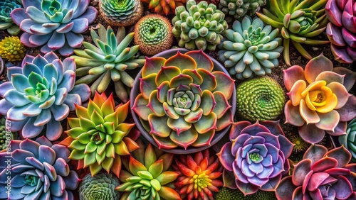 Vibrant succulent plants in shallow focus, arranged artfully in a circular composition, surrounded by negative space, perfect for design elements, banners, and botanical illustrations.