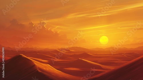 A golden sunset over a desert landscape, with the sun sinking below the horizon and casting long shadows over the sand dunes