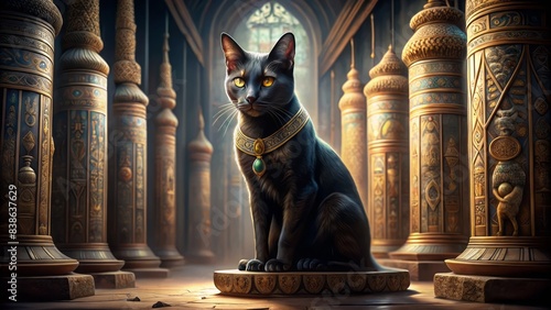 Mysterious black cat sits regally amidst ancient egyptian hieroglyphics and ornate pillars, evoking the mystical aura of bastet, the revered feline goddess of wisdom.