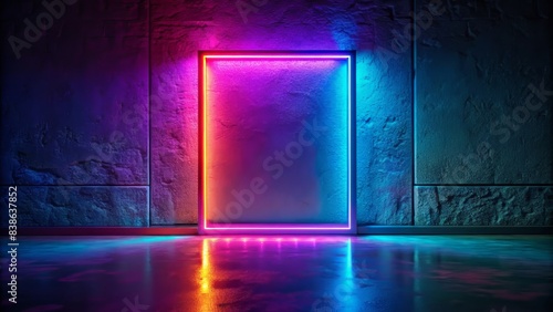Darkness enfolds a solitary neon frame, radiant with vibrant hues, casting an eerie glow in an otherwise dimly lit, isolated, and atmospheric room.