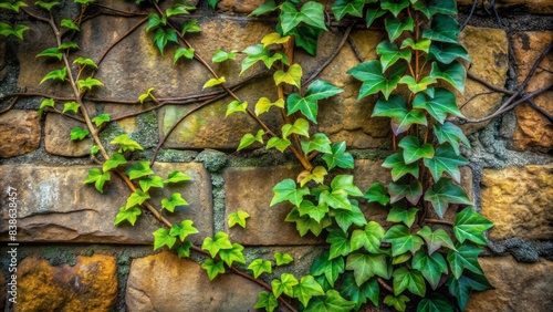 Delicate tendrils of green ivy crawl up a worn, dark stone wall, with intricate patterns of foliage wrapping around ancient, weathered masonry.