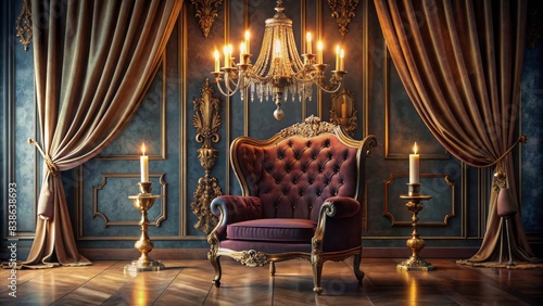 Luxurious velvet curtains, subtle candles, and majestic chandelier surround a lavish, ornate chair, evoking opulence, sophistication, and refined elegance.