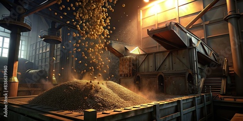 Wood pellets falling from machinery at biofuel factory, Wood pellets, machinery, biofuel, factory, production, energy, renewable, sustainable, industry, motion blur, equipment, pellet mill