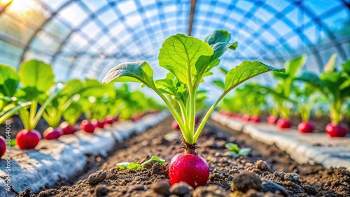 Close-up of a vibrant radish sprout in a greenhouse on a winter day in Germany , greenhouse, radish, sprout, row, gardening, vegetable, winter, Germany, growth, agriculture