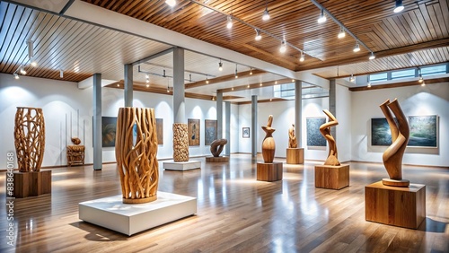 Modern art gallery interior with abstract wooden sculptures in a spacious exhibition room , art gallery, modern, interior, wooden sculptures, exhibition, room, spacious, artistic