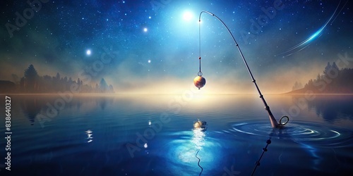 Fishing rod with hook and bait on a lake surface , fishing, outdoors, nature, leisure, hobby, sport, reel, tackle, angling, activity, relaxation, water, aquatic, equipment, rod, hobby, pastime