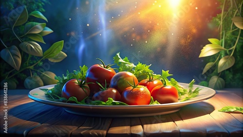 Plate of food with juicy tomatoes and fresh greens, food, plate, tomatoes, greens, vegetables, healthy, salad, organic, farm fresh, appetizing, vibrant colors, culinary, delicious, meal