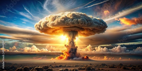 Majestic nuclear explosion mushroom cloud in the sky, nuclear, explosion, mushroom cloud, atomic, bomb, destruction, disaster, war, apocalyptic, power, energy, radiation, catastrophic