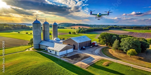 FPV drone flying over silo storage on American countryside farm on a sunny day with blue sky, barn and buildings in rural area of USA , FPV drone, silo storage, American countryside, farm