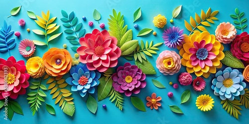 Vibrant paper craft flowers and leaves on a blue background, paper craft, colorful, floral design, artistic, bright, vibrant, cheerful, handmade, decoration, creative, spring, summer