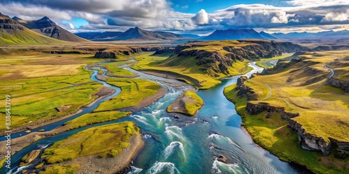 Aerial view of a serene Icelandic river flowing through rugged landscapes in the north , Iceland, river, aerial view, serene, flowing, rugged, landscapes, North, nature, water, peaceful