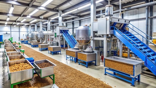 Factory production line of dry pelleted dog and cat feed with machinery and packaging equipment, pet food, industry, manufacturing, factory, production, line, machinery, equipment