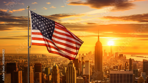 Stunning American Flag Waving at Sunset Over City Skyline - Patriotic Stock Photo for Memorial Day, Fourth of July, and American Pride Themes