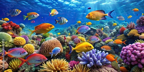 Tropical sea underwater scene with colorful fishes swimming on coral reef , aquarium, oceanarium, wildlife, marine, panorama, landscape, nature, snorkeling, diving, underwater, tropical, sea