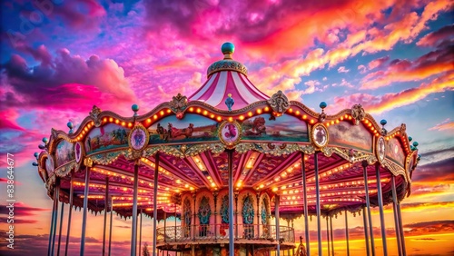Carnival carousel with pink background and pink and blue sky , carnival, carousel, pink, blue, sky, funfair, amusement, ride, colorful, festive, entertainment, vibrant, whimsical