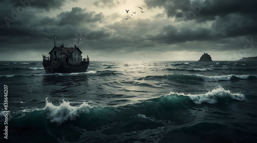 Ai generated image of Alone man standing in Dark ocean view and dramatic cloudy sky with boat house, best quality image, pop surrealism art, masterpiece, illustration.