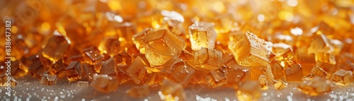 Golden-brown sugar crystals on a light background, showcasing texture and detail of sweet, granular, organic substance.